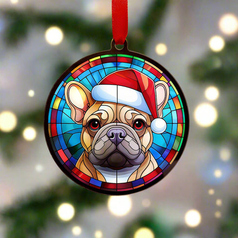 French Bulldog Tan in Santa Hat Suncatcher Decoration